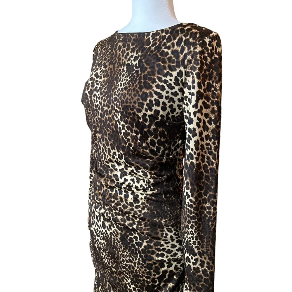 Carmen Marc Valvo leopard print long sleeve jersey knit bodycon midi dress, Sz M - Picture 3 of 16